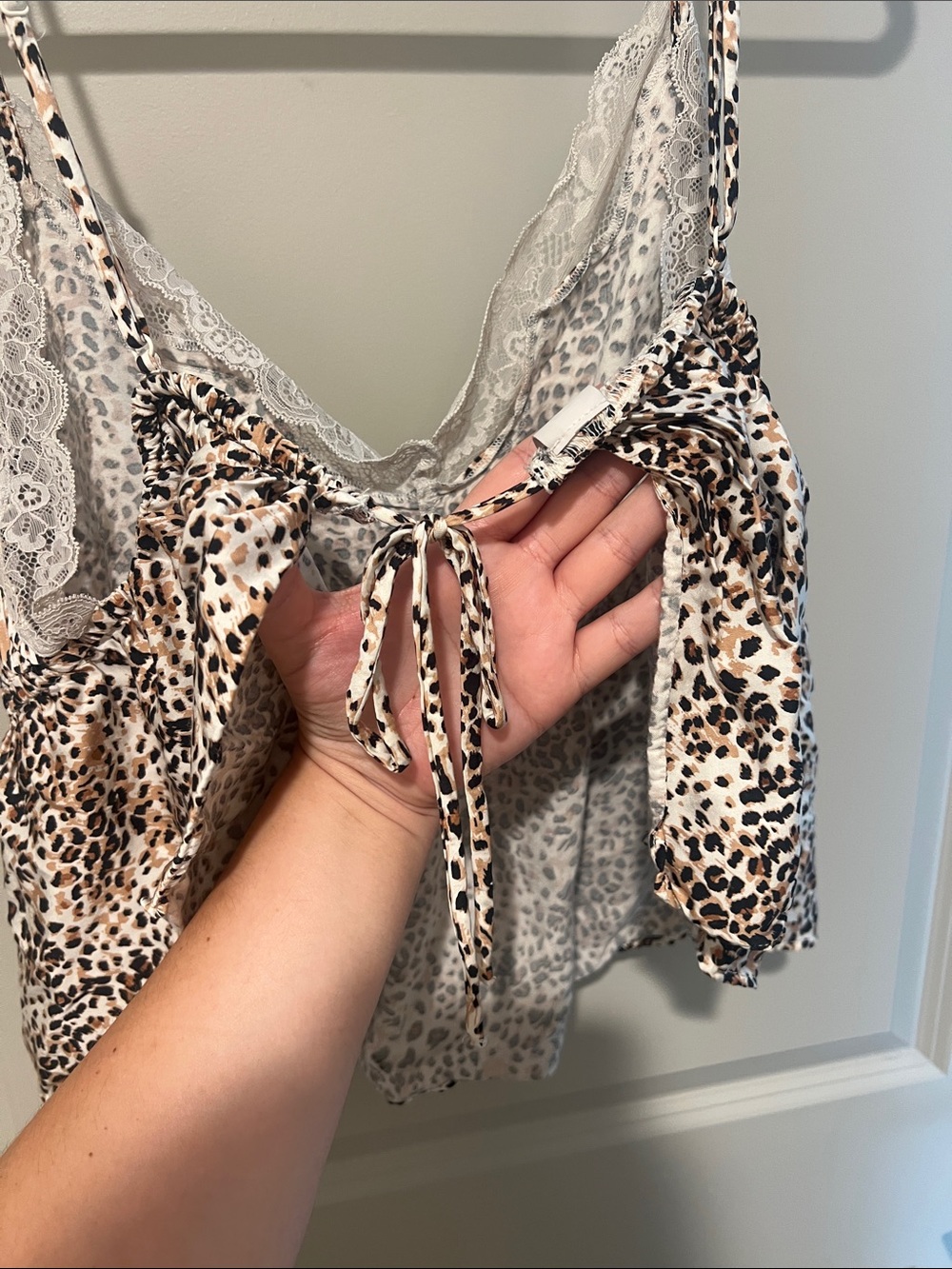 Leopard Print Lace Trim Cami & Shorts Sleep Set - White/Tan XL top L bottom - Picture 6 of 10